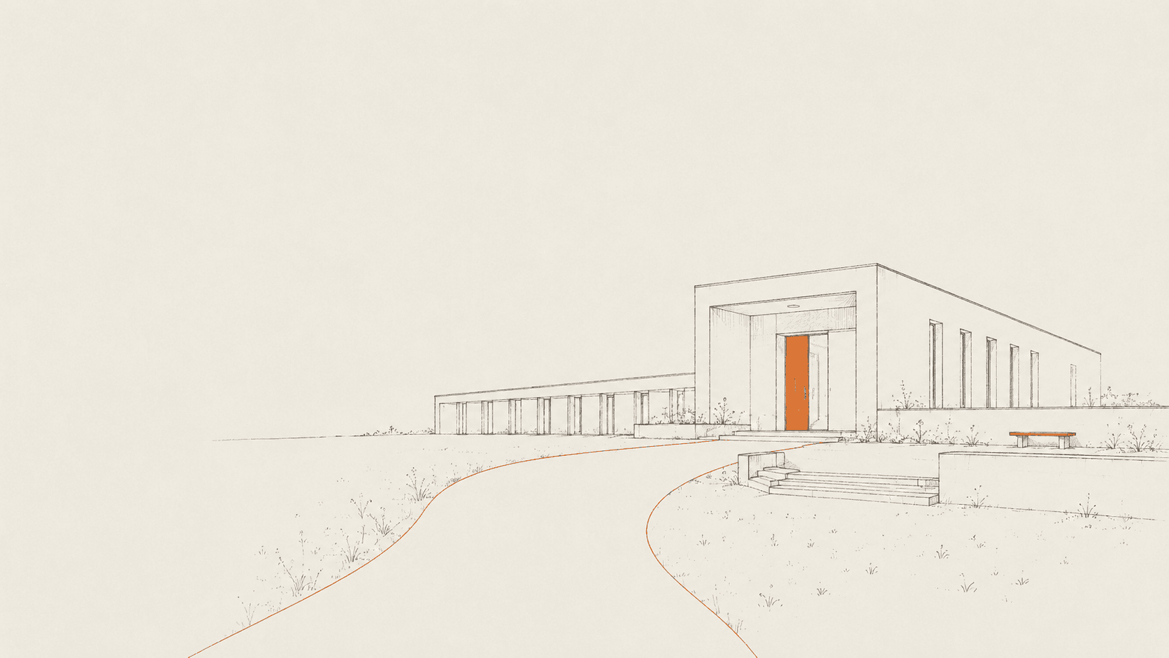 Hand-getekende illustratie van een rustig, modern gebouw met een oranje toegangsdeur en pad.