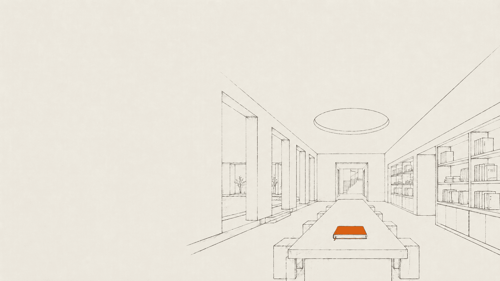 Hand-getekende illustratie van een lange bibliotheek- of archiefhal met boekenkasten en één oranje boek op de centrale tafel.
